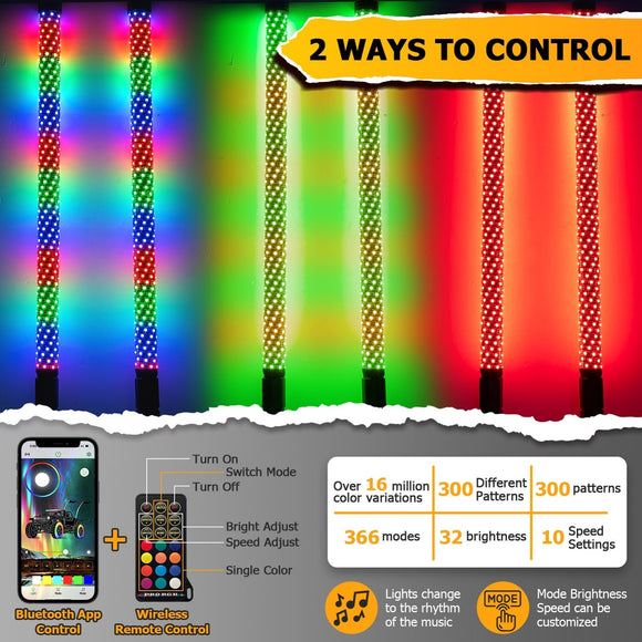 2Pcs 3FT Spiral RGB LED Whip Light w/ Flags for UTV ATV Truck | Bluetooth&Remote Control - WeiSen - 80204007