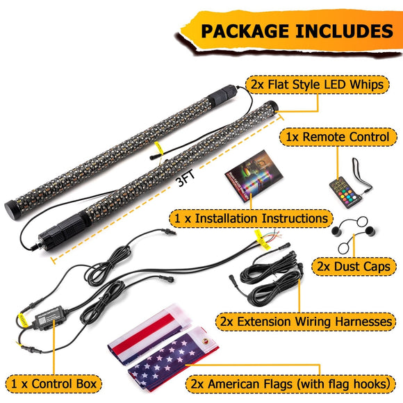 2Pcs 3FT Spiral RGB LED Whip Light w/ Flags for UTV ATV Truck | Bluetooth&Remote Control - WeiSen - 80204007