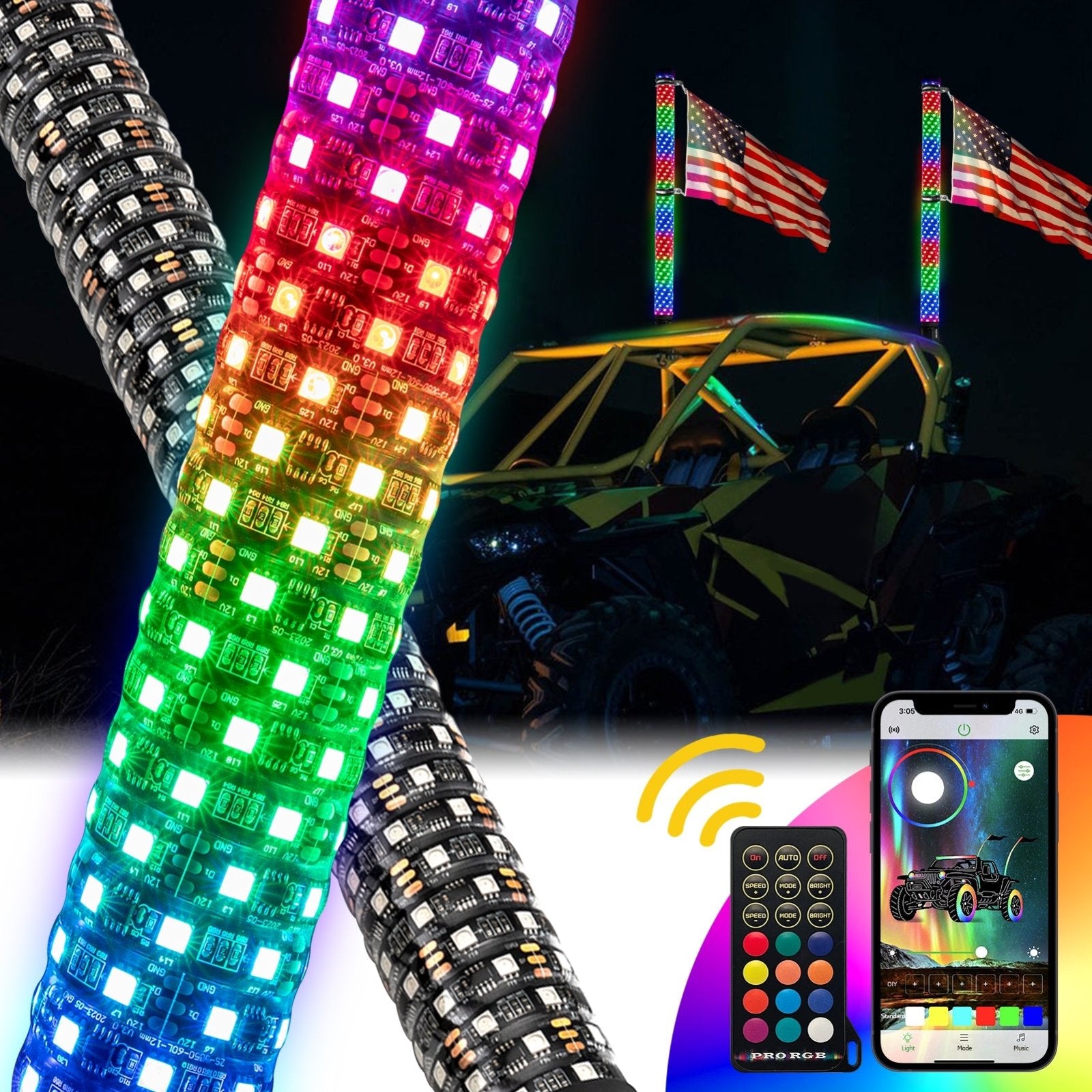 2PCS 3FT Fat RGB LED Whip Light w/ Flags for UTV ATV Truck | Bluetooth&Remote Control - Weisen