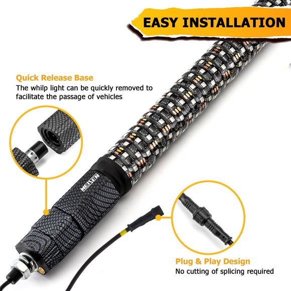 2Pcs 3FT Spiral RGB LED Whip Light w/ Flags for UTV ATV Truck | Bluetooth&Remote Control - WeiSen - 80204007