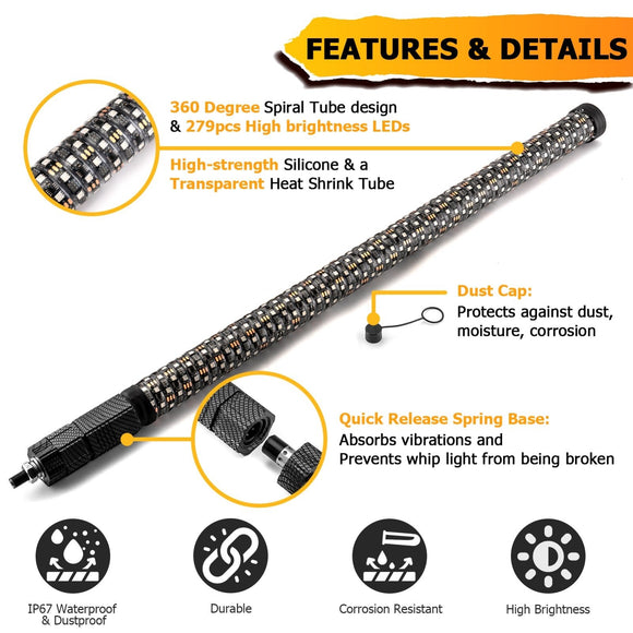 2Pcs 3FT Spiral RGB LED Whip Light w/ Flags for UTV ATV Truck | Bluetooth&Remote Control - WeiSen - 80204007