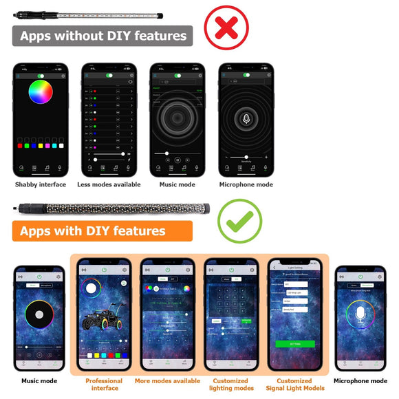 2Pcs 3FT Spiral RGB LED Whip Light w/ Flags for UTV ATV Truck | Bluetooth&Remote Control - WeiSen - 80204007