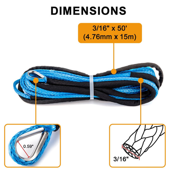 3/16" x 50' Synthetic Winch Line Cable Rope 7000LBs for ATV UTV Winch - WeiSen - 80310008