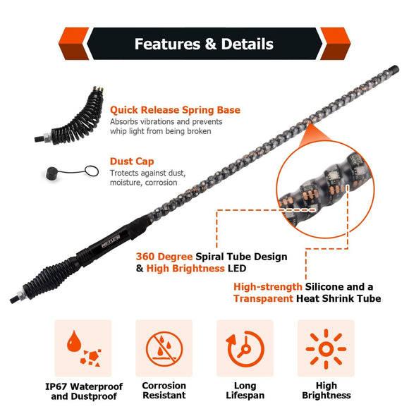 3FT RGB LED Whip Light w/ Flags for UTV ATV | Wireless Remote Control & Bluetooth App Control & 366 Modes - WeiSen - 80204002