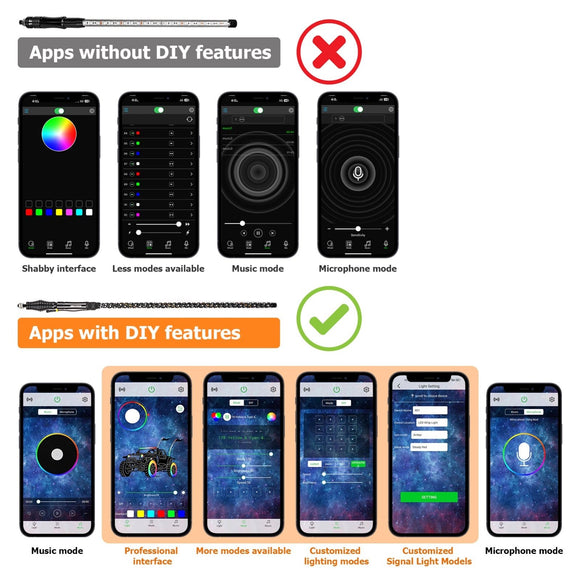 3FT RGB LED Whip Light w/ Flags for UTV ATV | Wireless Remote Control & Bluetooth App Control & 366 Modes - WeiSen - 80204002