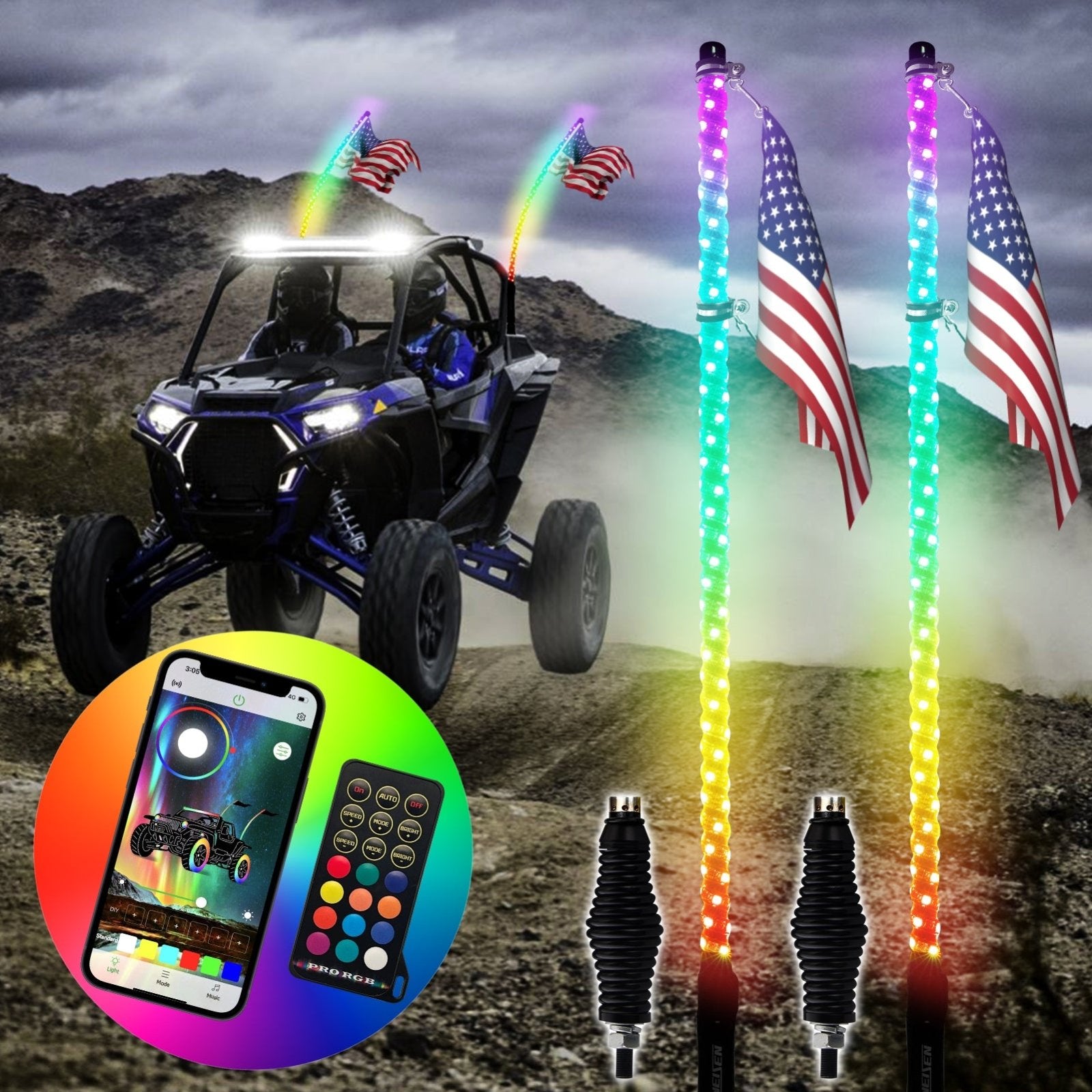 3FT RGB LED Whip Light w/ Flags for UTV ATV | Wireless Remote Control & Bluetooth App Control & 366 Modes - Weisen