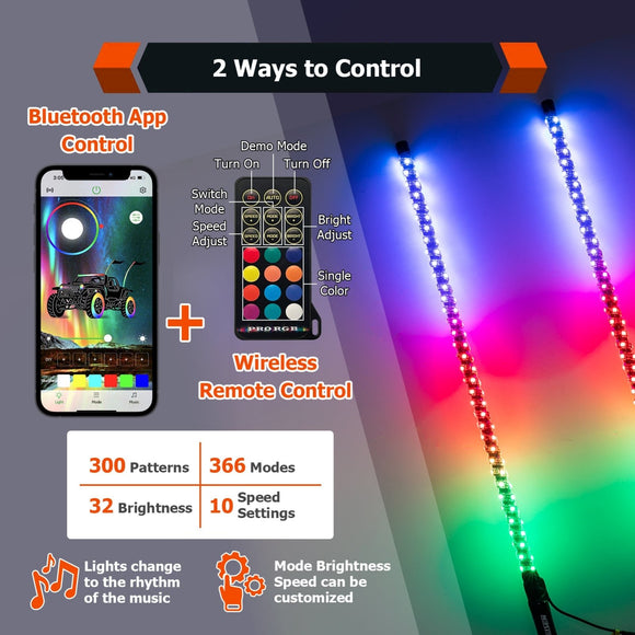 3FT RGB LED Whip Light w/ Flags for UTV ATV | Wireless Remote Control & Bluetooth App Control & 366 Modes - WeiSen - 80204002