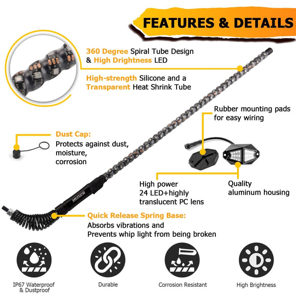 3FT RGB LED Whip Lights & Rock Lights Combo Kit for UTV ATV | Wireless Remote Control & Bluetooth App Control - WeiSen - 80204004