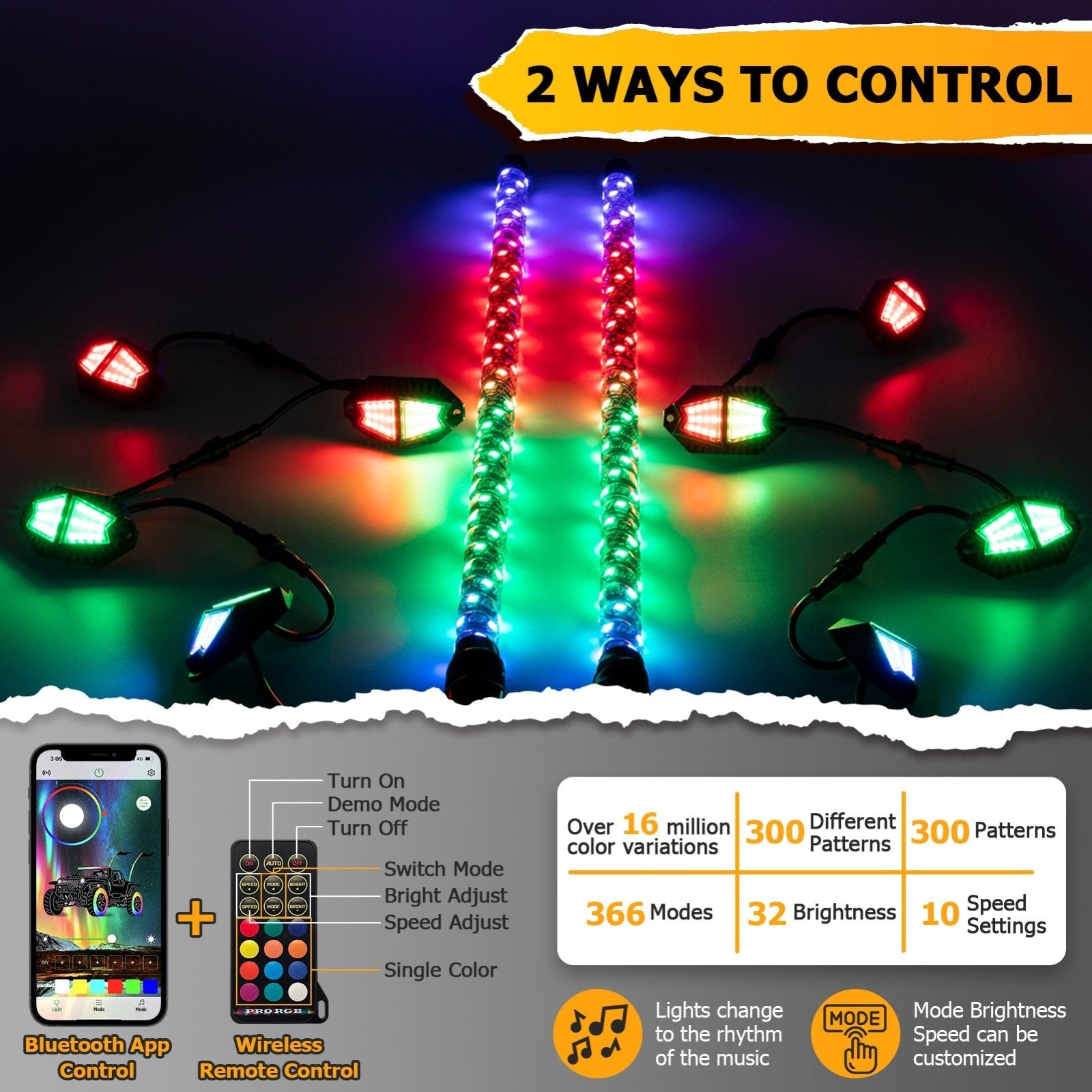 3FT RGB LED Whip Lights & Rock Lights Combo Kit for UTV ATV | Wireless Remote Control & Bluetooth App Control - Weisen