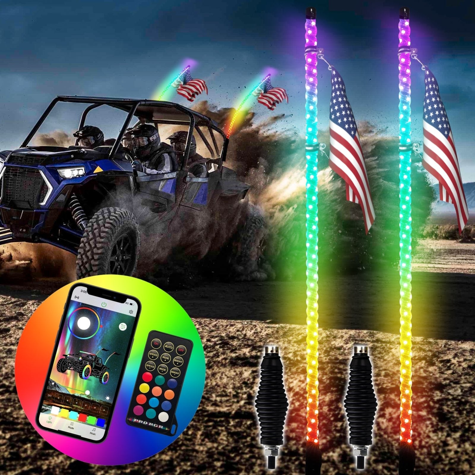 4FT RGB LED Whip Light w/ Flags for UTV ATV | Wireless Remote Control & Bluetooth App Control & 366 Modes - Weisen