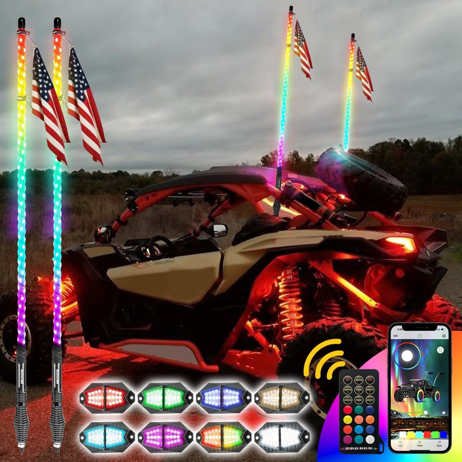 4FT RGB LED Whip Lights & Rock Lights Combo Kit for UTV ATV | Wireless Remote Control & Bluetooth App Control - Weisen