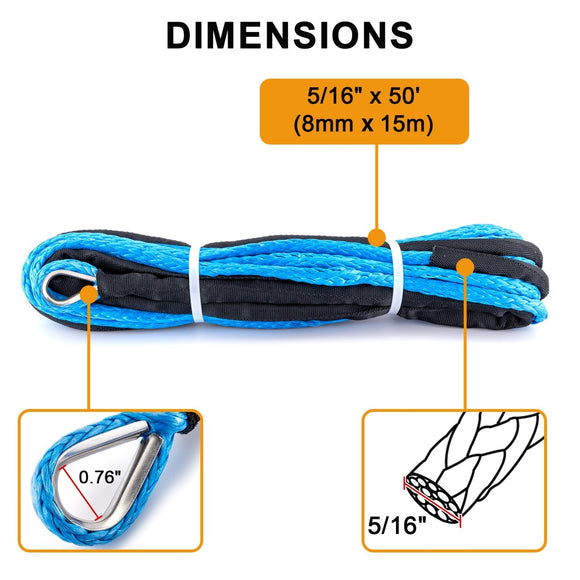 5/16" x 50' Synthetic Winch Line Cable Rope 8500LBs for ATV UTV SUV Truck Boat - WeiSen - 80310010
