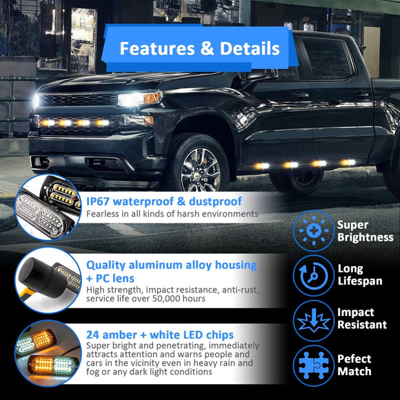 8PCS Universal Surface Mount Dual Row 24LEDs Amber White Emergency Hazard Warning Strobe Lights Kit - WeiSen - 70207002