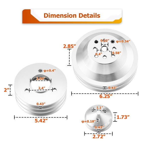 Chevy Big Block Engines 396 - 427 - 454 Short Water Pump V - Belt Pulley Kit - WeiSen - 70505011