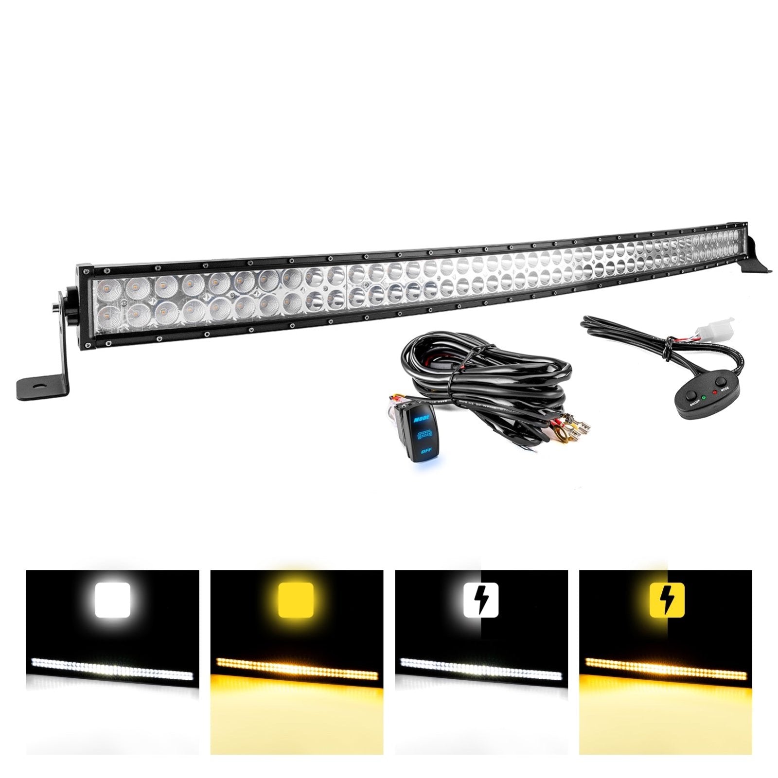 Chevy Toyota Dodge Ram 300W 52" Dual Rows Curved LED Light Bar W/ Wiring Harness Kit | Amber White & Strobe Modes - Weisen