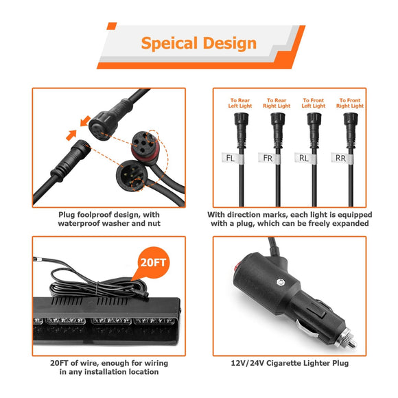 SUV Toyota Honda Hyundai KIA 4PCS Universal Single Row 16LEDs Amber White Emergency Hazard Warning Strobe Lights Kit - WeiSen - 70207003