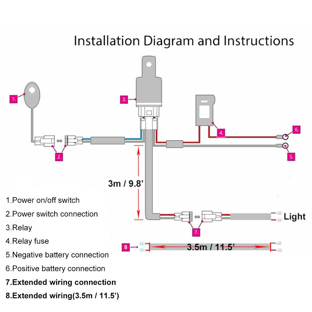 LED Lights 11.5ft Wiring Harness w/ Switch Power On/Off Relay Fuse - WeiSen - WI005 - C