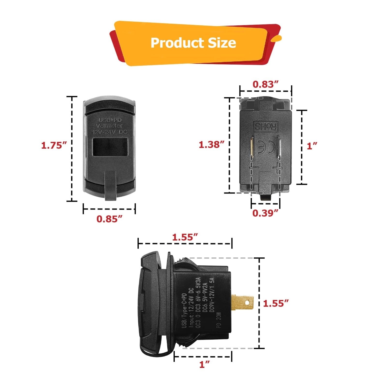 Off-road SUV ATV UTV SB Rocker Switch 12v Dual USB Charger/Outlet USB C w/ LED Voltmeter Display - Weisen