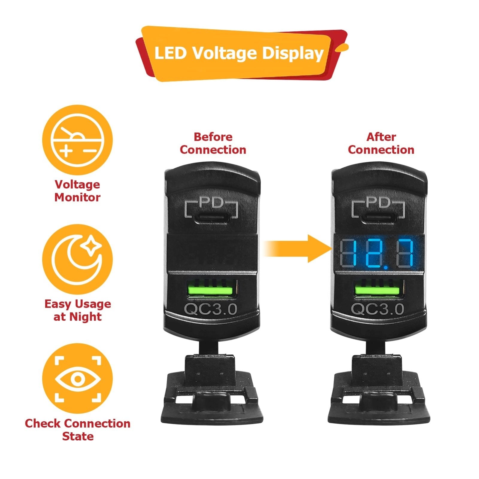 Off-road SUV ATV UTV SB Rocker Switch 12v Dual USB Charger/Outlet USB C w/ LED Voltmeter Display - Weisen