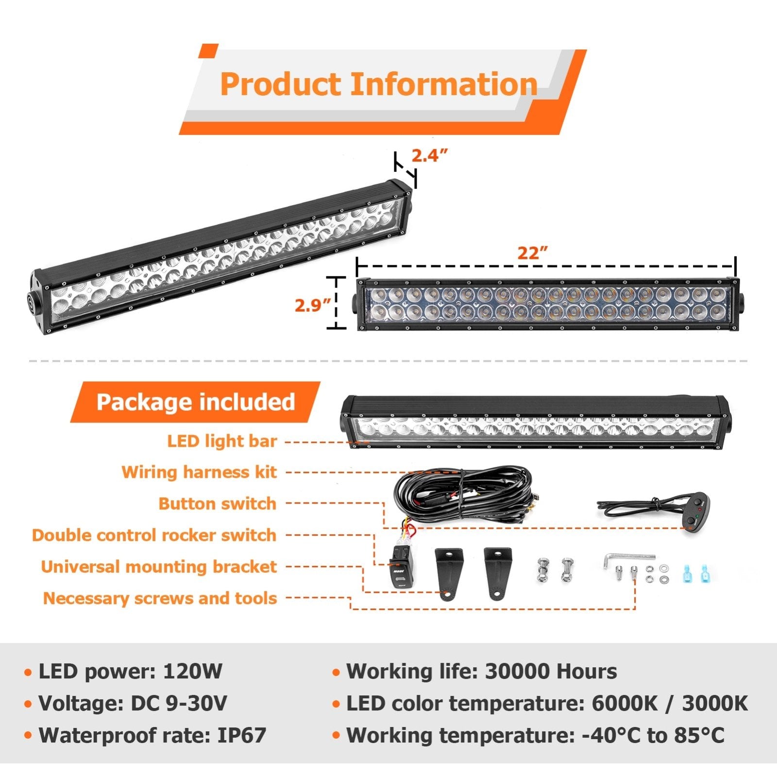 Off-Road Trucks SUV Jeep UTV 22" Dual Row Straight 120w LED Light Bar | White & Amber Light w/ Strobe Function - Weisen