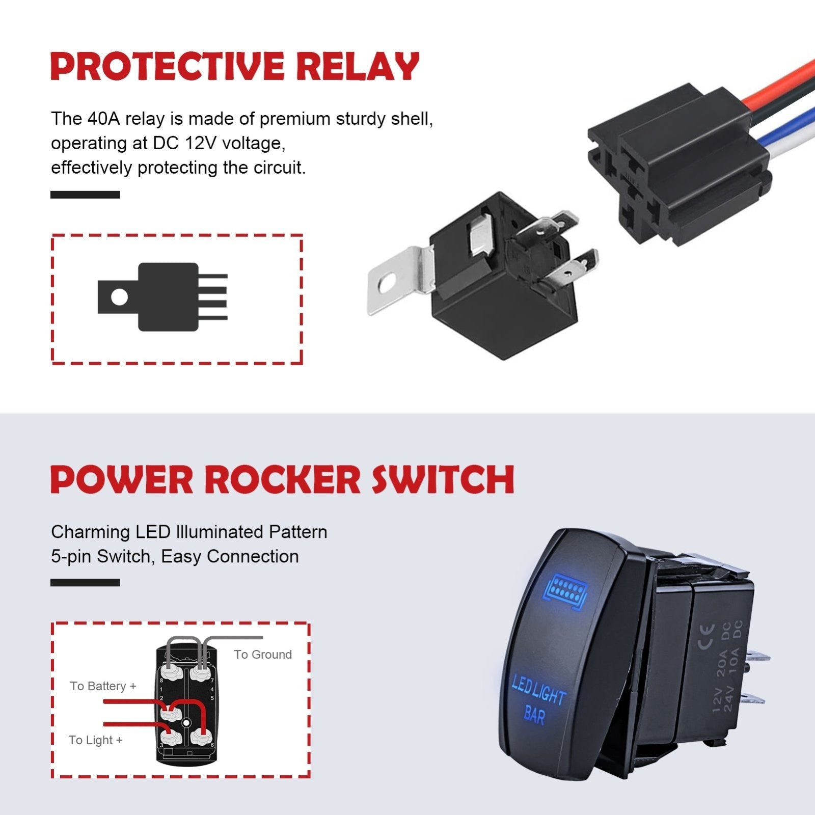 Off Road UTV LED Light Bar Wiring Harness Kit 12V 40A Fuse Relay Rocker Switch Kit - Weisen