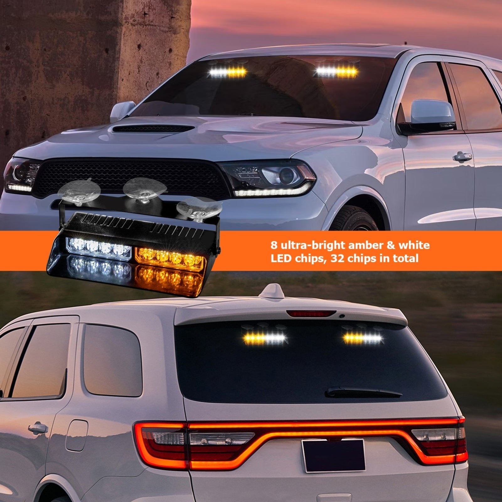 Pickup Jeep UTV SUV 4PCS Universal Single Row 8LEDs Amber White Emergency Hazard Warning Strobe Lights Kit - Weisen