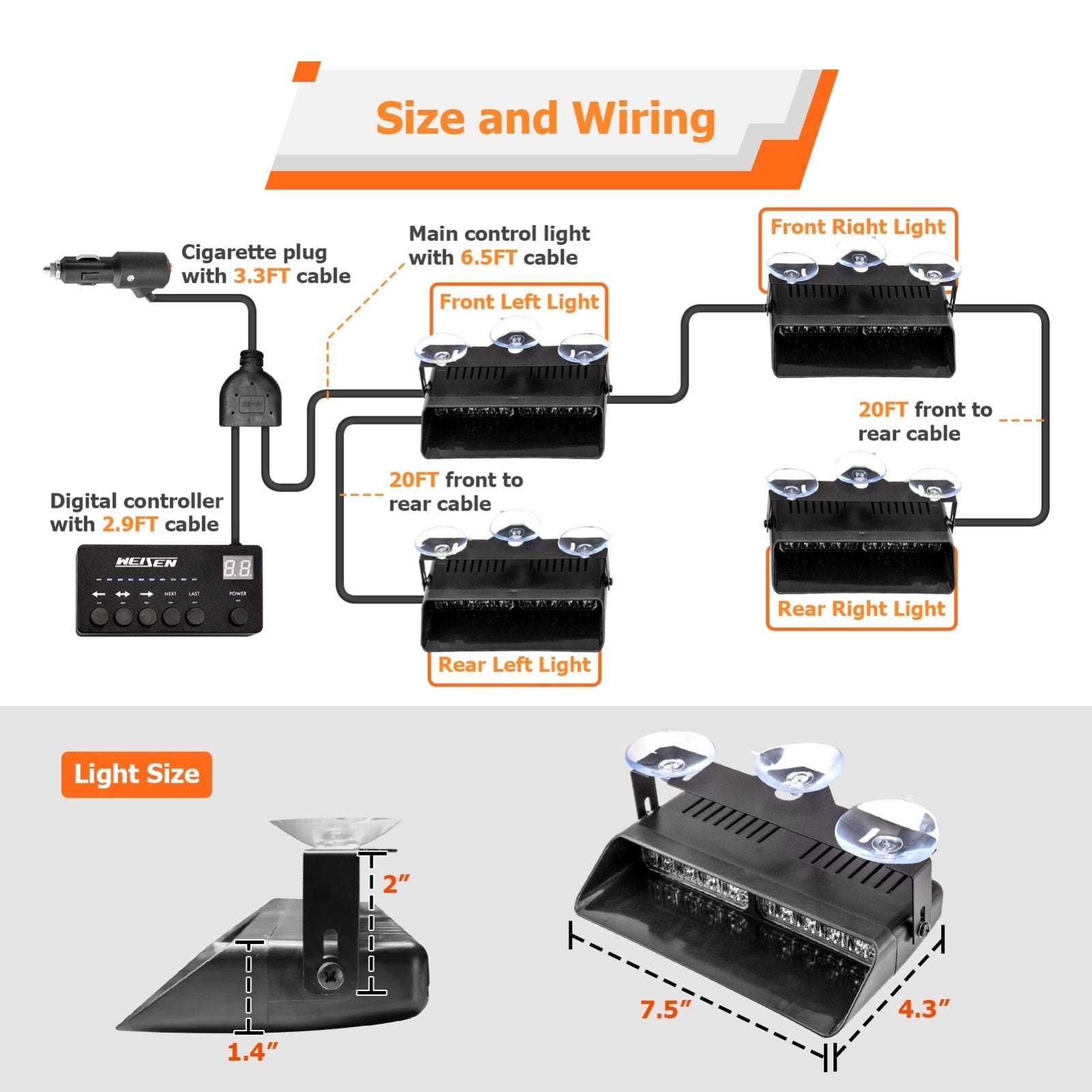 Pickup Jeep UTV SUV 4PCS Universal Single Row 8LEDs Amber White Emergency Hazard Warning Strobe Lights Kit - Weisen