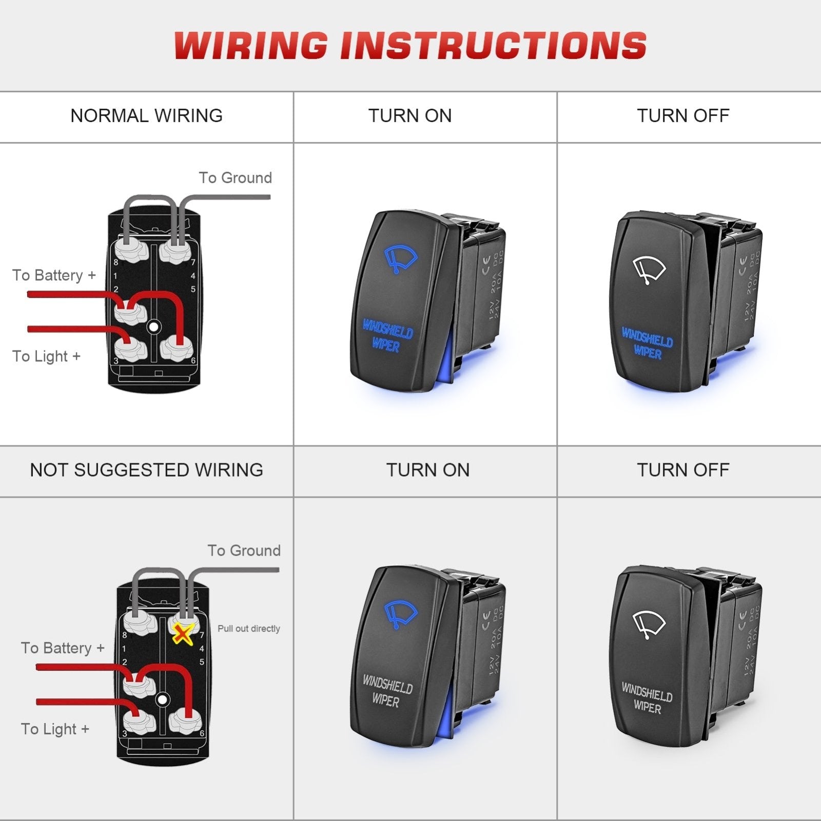 Polaris Can-Am Boat Marine Ship SUV UTV 20A 12V ON/OFF Windshield Wiper Rocker Switch - Weisen