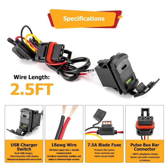 Polaris General XP / RZR Turbo R / Ranger XP 1000 Dual USB Tpye C Rocker Switch Charger/Outlet 12v w/ Pulse Power Bar Plug Connector - WeiSen - 80206024