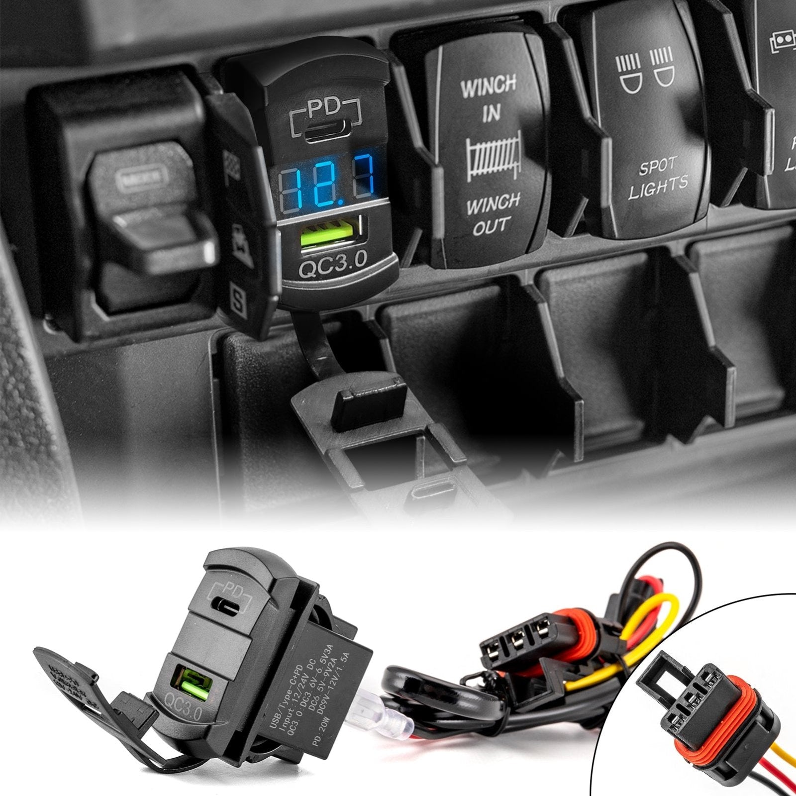 Polaris General XP / RZR Turbo R / Ranger XP 1000 Dual USB Tpye C Rocker Switch Charger/Outlet 12v w/ Pulse Power Bar Plug Connector - Weisen