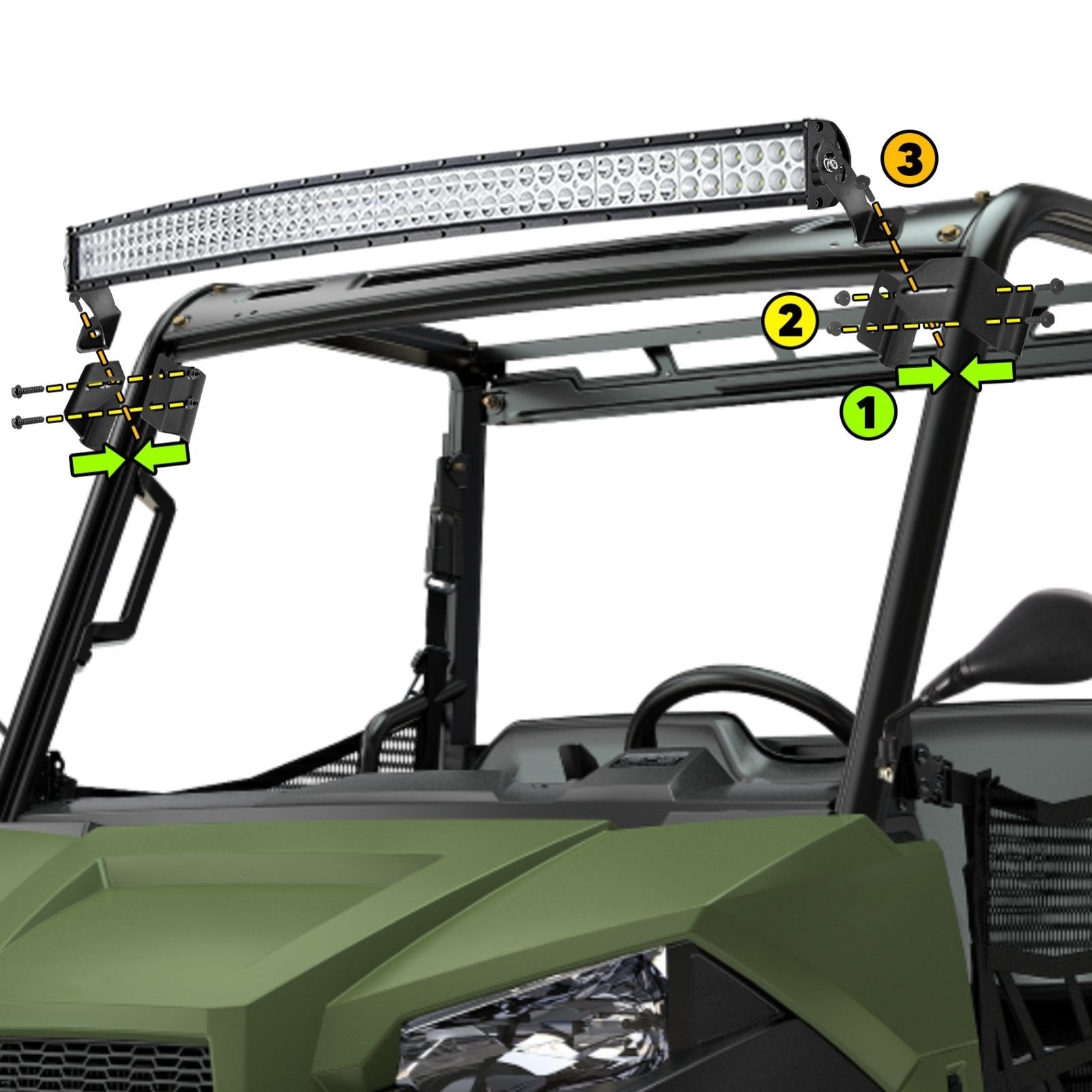 Polaris Ranger 570/900/1000 Fullsize Pro-Fit Cage Roof 50" LED Bar + Rear Light Pods Bracket Kit - Weisen