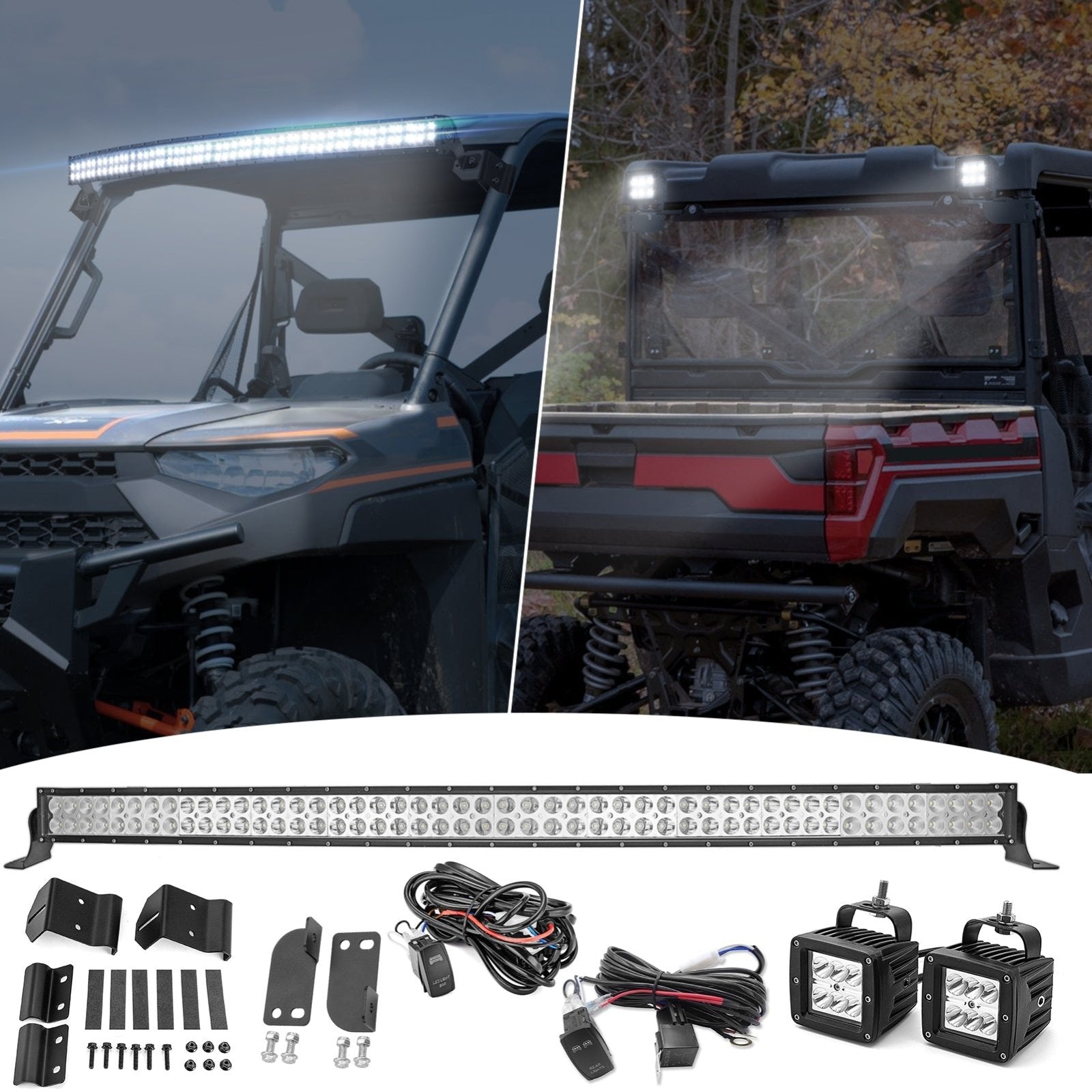 Polaris Ranger 570/900/1000 Fullsize Pro-Fit Cage Roof 50" LED Bar + Rear Light Pods Bracket Kit - Weisen