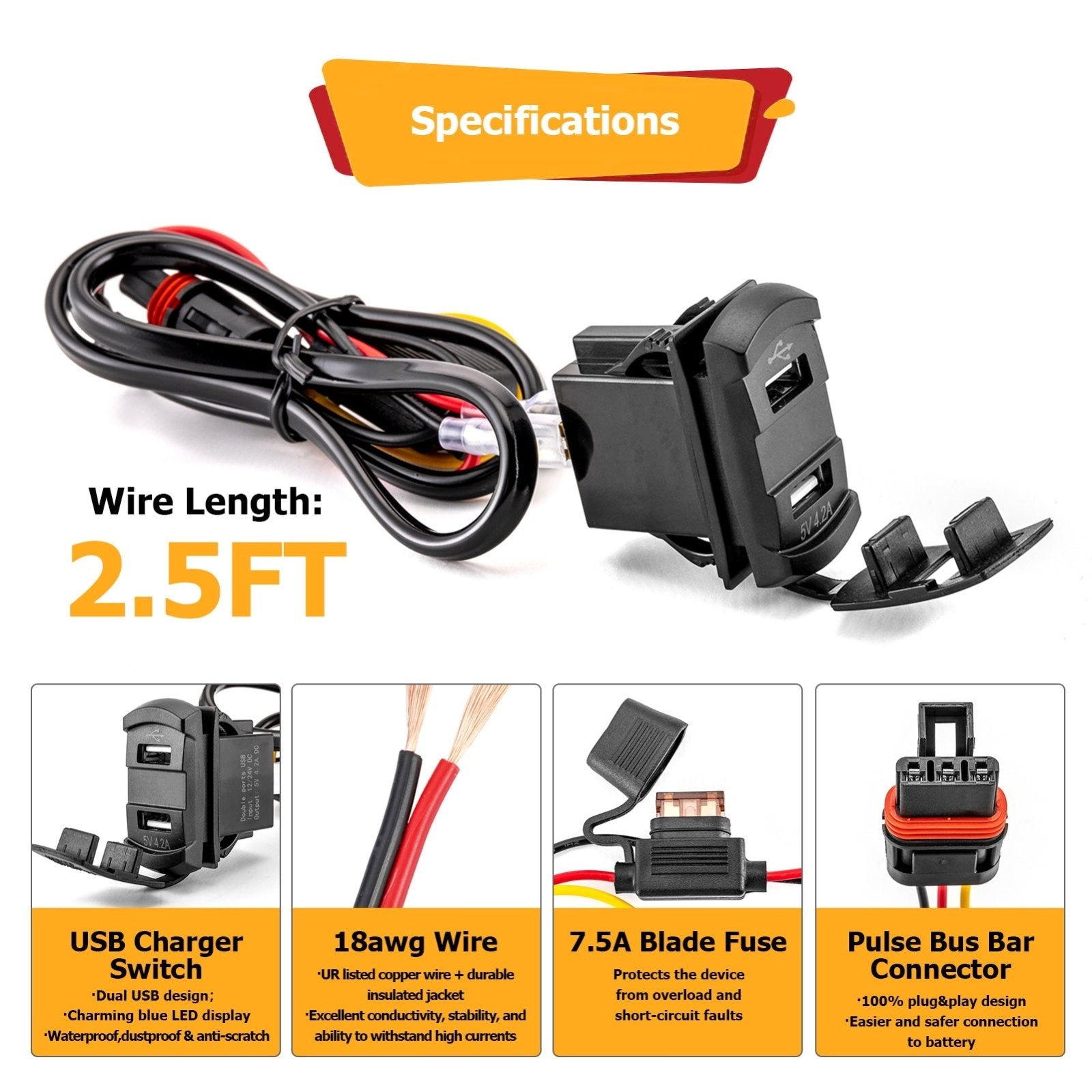 21ST Dual USB Fast Charger & Wiring Harness For Polaris RZR PRO XP / General / Ranger - Pulse Bar Plug