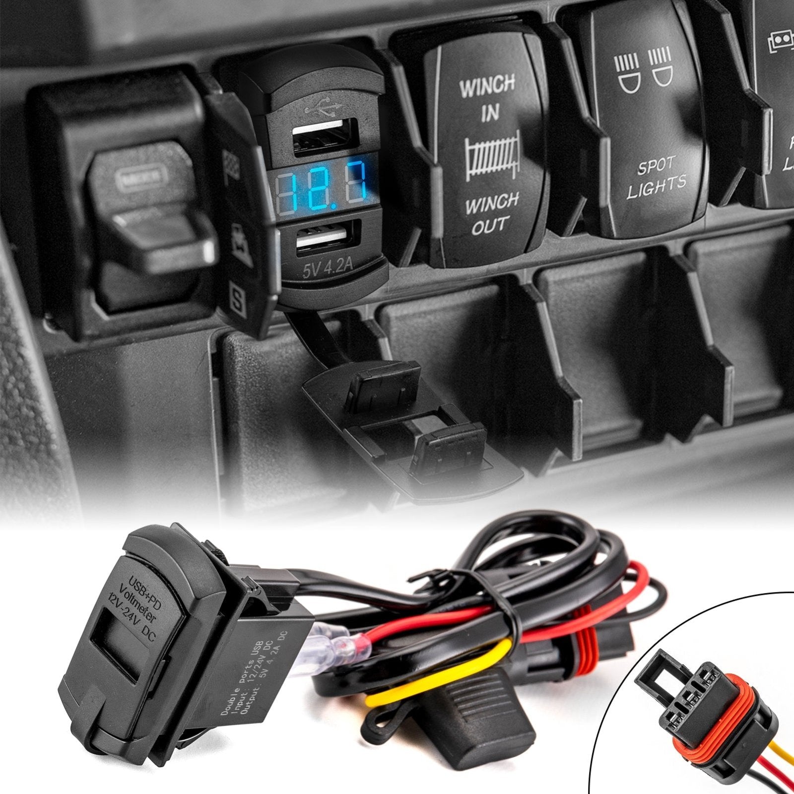 Polaris RZR PRO XP / PRO R USB Rocker Switch 12v Dual Charger Wire Harness w/ Pulse Power Bar Plug Connector - WeiSen - 80206023