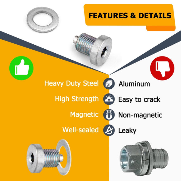 Solid Steel M12 x 1.25 Magnetic Engine Oil Drain Plug for Most Toyota Lexus Chevrolet Nissan - WeiSen - 70311004