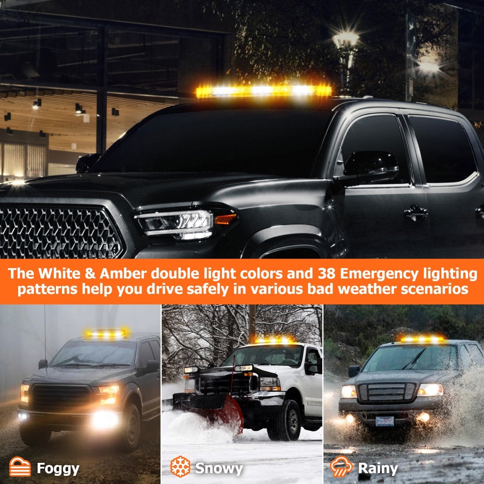 Tow Trucks Pickup Safety Construction Vehicles Double Side-Amber/White 16" 42LED Roof Top Emergency Strobe Light Bar - Weisen