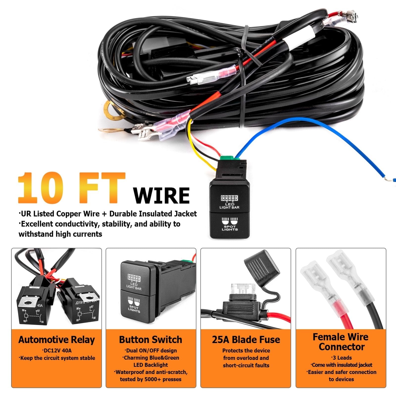 Toyota 3-Lead 10ft Wiring Harness Kit with Dual LED Light Bar Spot Light Switch Small Style 1.52″x 0.82″(33mm x 22mm) - Weisen