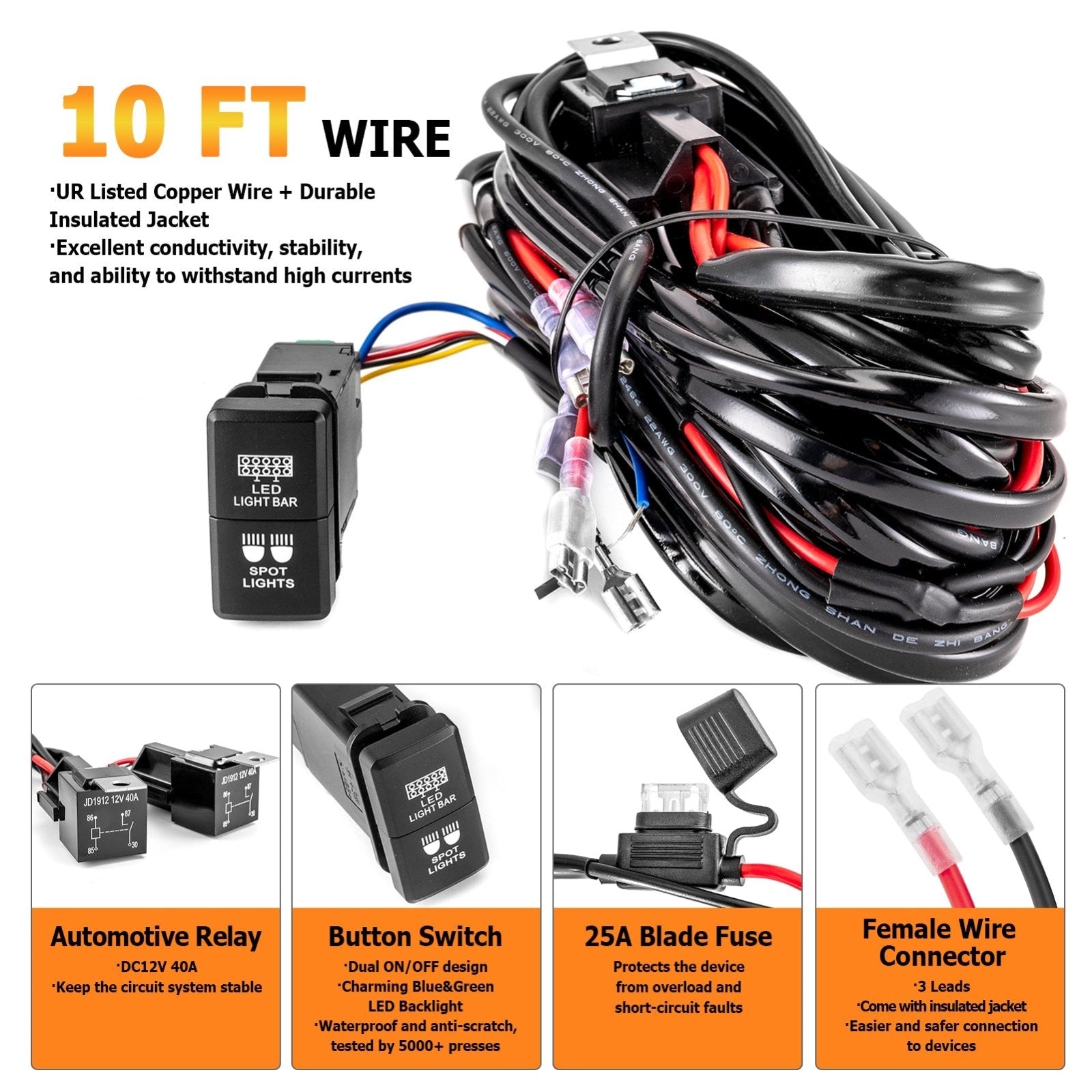 Toyota 3-Lead 10ft Wiring Harness Kit with Dual LED Light Bar Spot Light Switch Tall Style 1.28″x 0.87″(38mm x 22mm) - Weisen