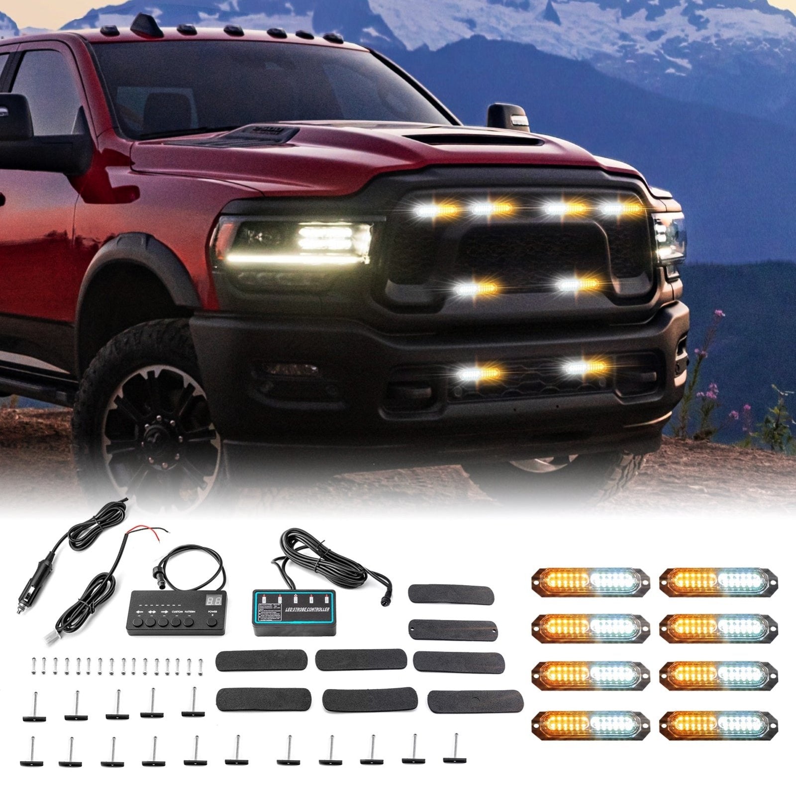 Truck Jeep UTV ATV Tractor Golf Cart 8PCS Universal Surface Mount Slim Single Row 12LEDs Emergency Strobe Light Kit - Weisen