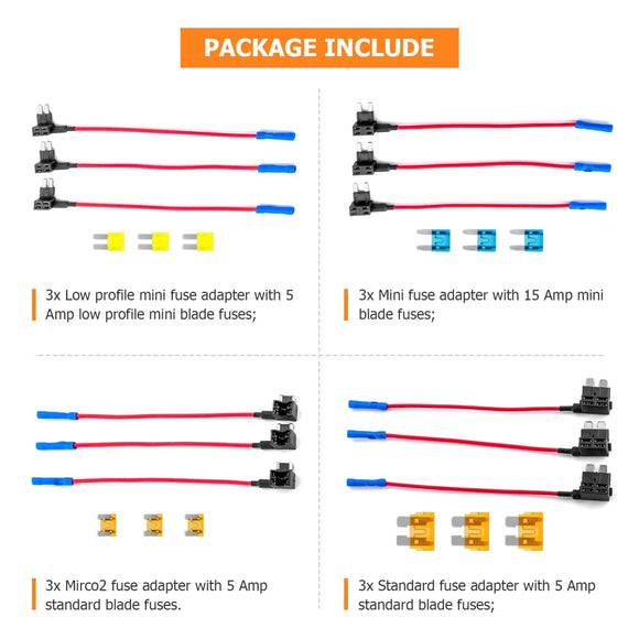 Trucks SUVs Boats Universal 12Pcs 4 Types 12V Add - a - Circuit Adapter and Fuse Kit - WeiSen - 70220005