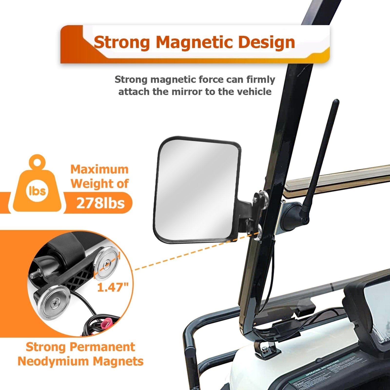 Universal 2-Magnetic No Drill Side Mirrors w/ Turn Signal Fits Mowers/ Golf Carts/ Bobcat - Weisen