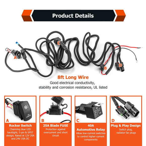 Universal ATV UTV Cooling Fan Override Rocker Switch Wiring Harness Kit - WeiSen - 80206012