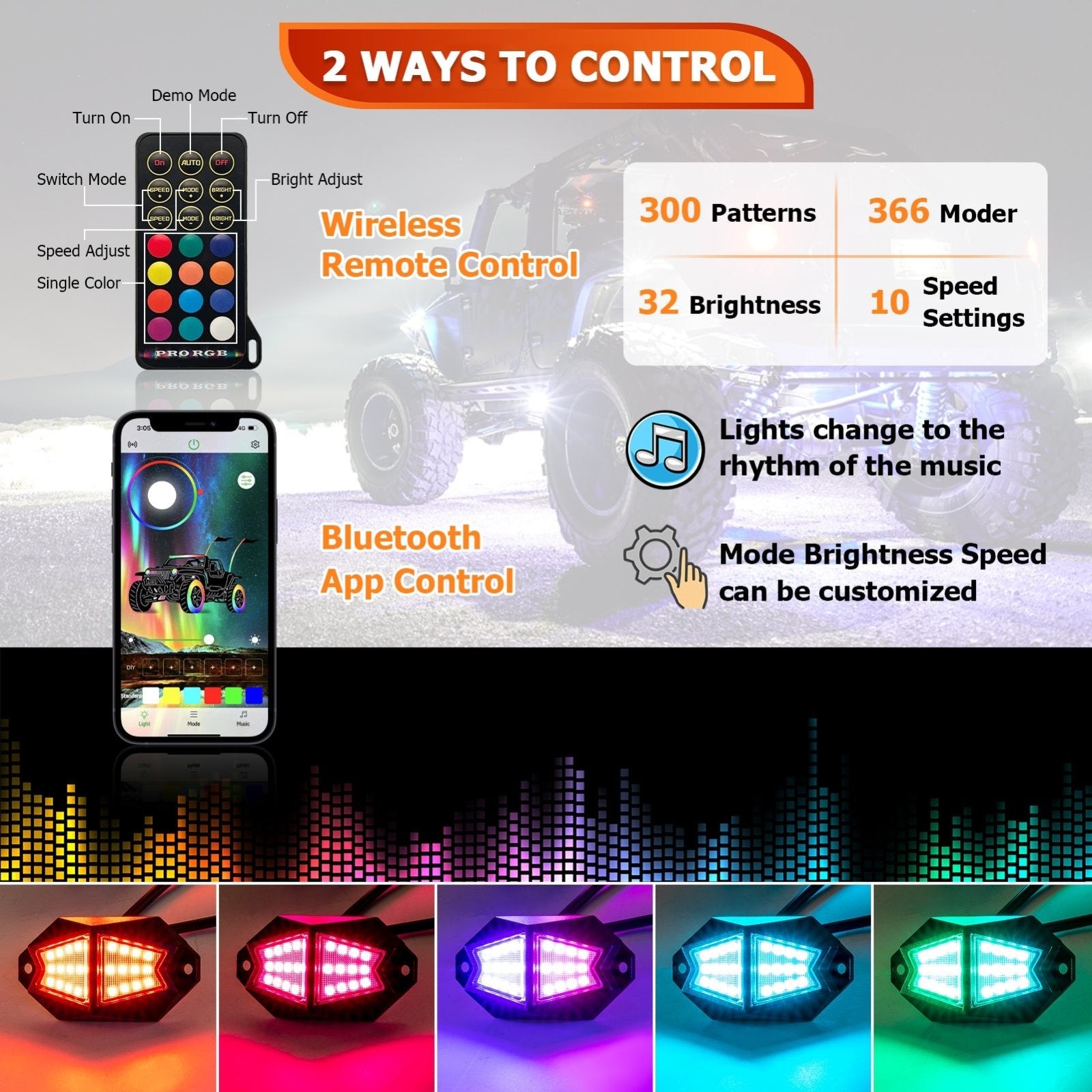 Universal for UTV ATV SUV Golf Cart Remote & APP Control Plug&Play RGB Rock Lights - Weisen