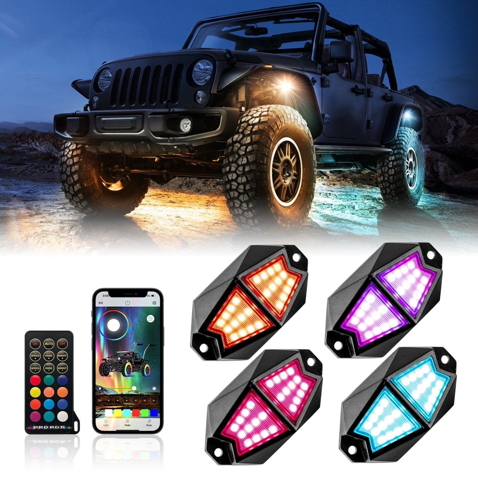 Universal for UTV ATV SUV Golf Cart Remote & APP Control Plug&Play RGB Rock Lights - Weisen