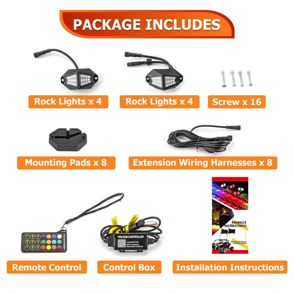 Universal RGB LED Rock Lights for Offroad UTV ATV SUV Golf Cart | Plug&Play | 366 Modes | Remote & APP Control - WeiSen - 80209002