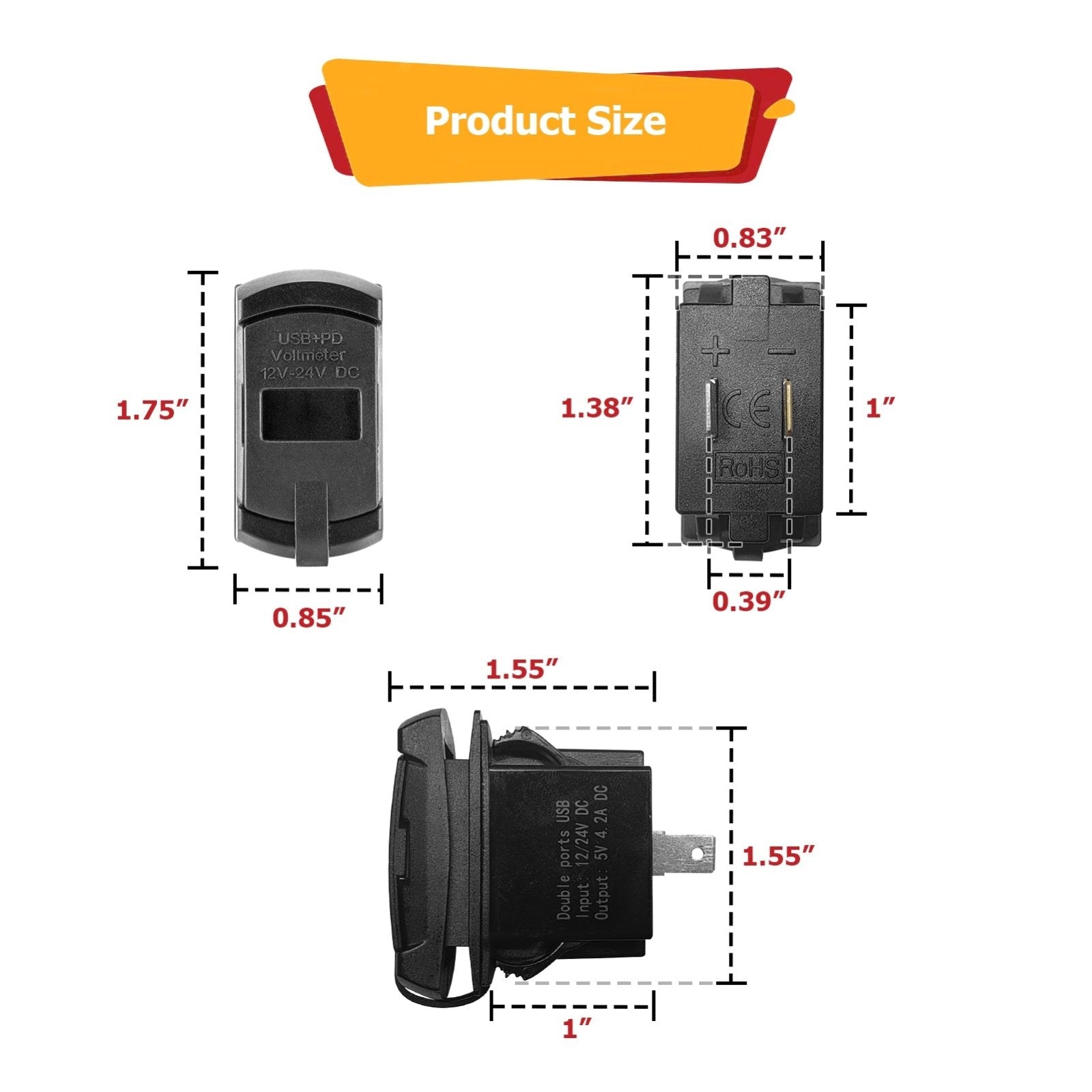 UTVs ATVs SUVs Trucks Boats USB Rocker Switch 12v Dual Charger/Outlet with LED Voltmeter Display - Weisen