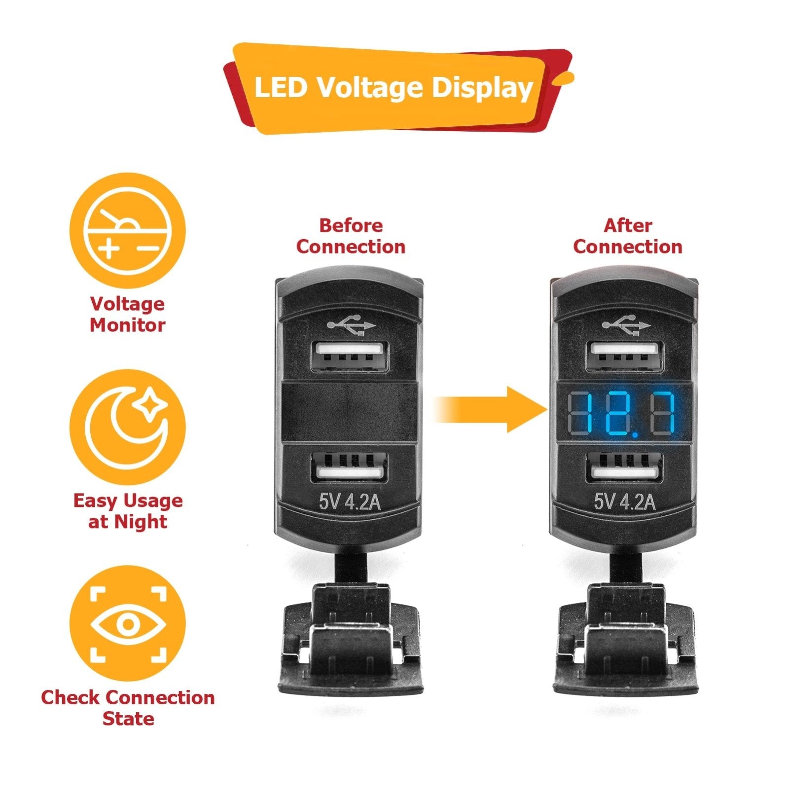 UTVs ATVs SUVs Trucks Boats USB Rocker Switch 12v Dual Charger/Outlet with LED Voltmeter Display - WeiSen - 70204038